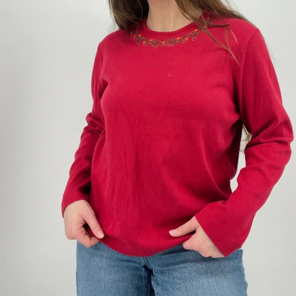 vintage cottagecore floral embroidered michigan cherry red crewneck top cotton L - Picture 1 of 5